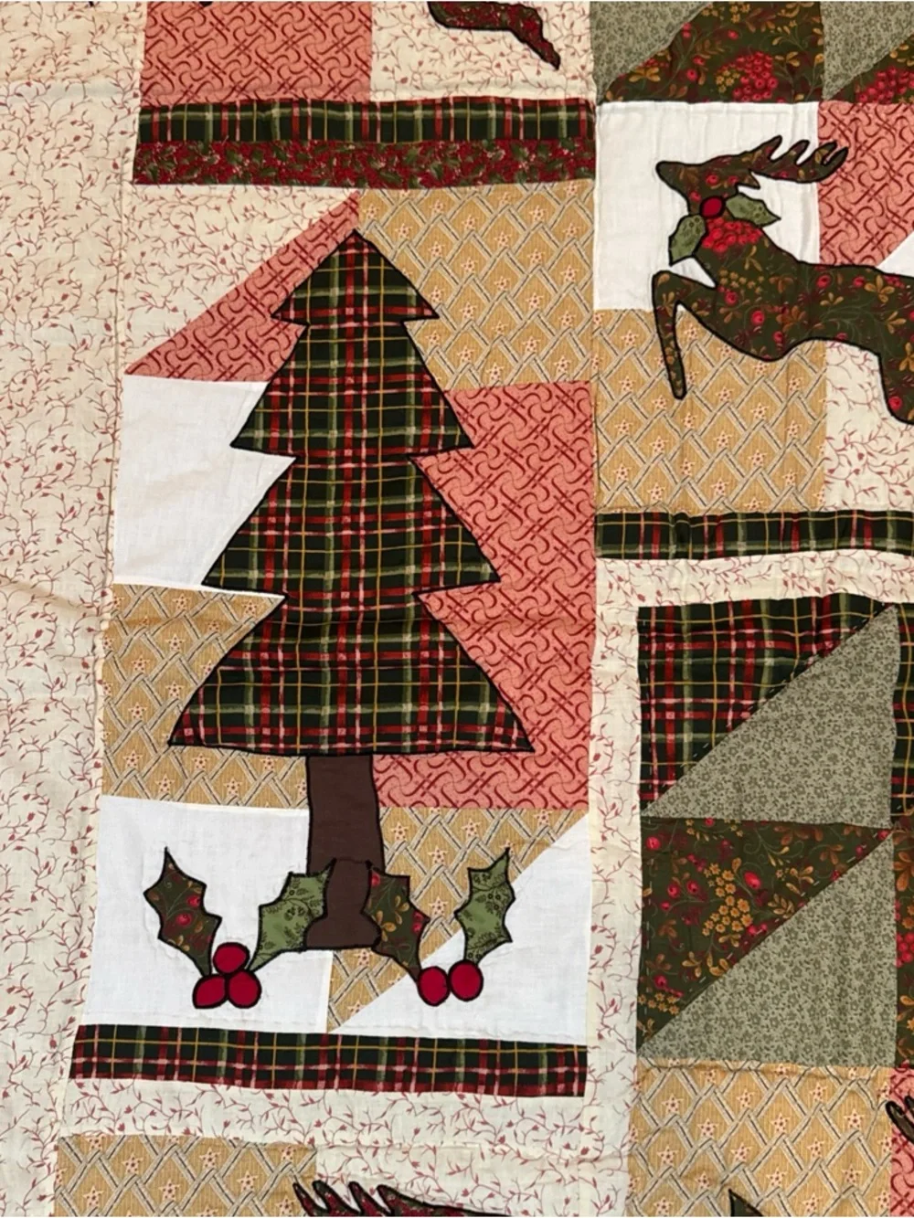 Handmade Christmas Quilt Wall Hanging Throw 59x50 Reindeer Tree Holly Rod Pocket